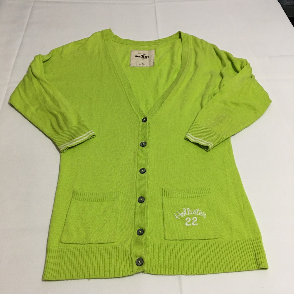 Hollister Y2K Cardigan Sweater Women Small Lime Green Button Front 3/4 Sleeve